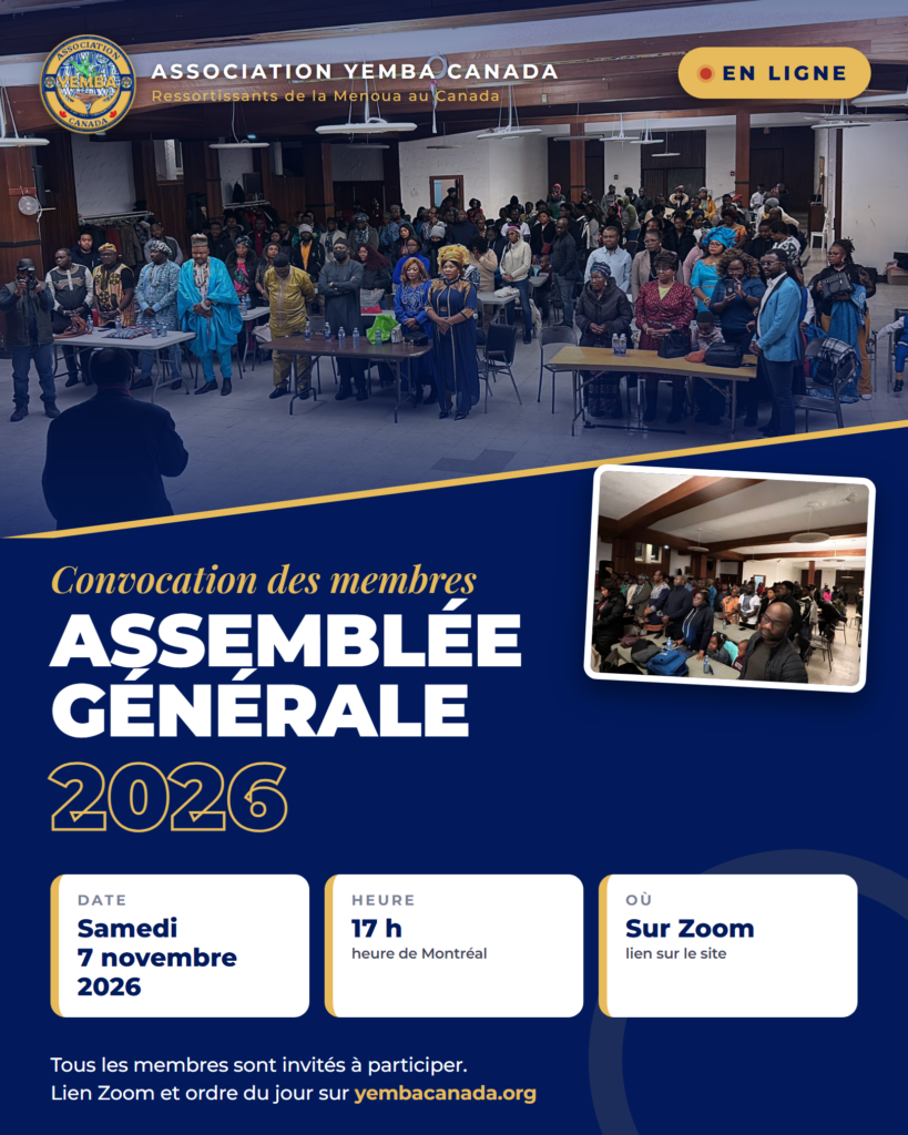 Affiche de l’Assemblée générale 2026 de l’Association Yemba Canada, en ligne sur Zoom, le samedi 7 novembre 2026 à 17 h